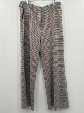 Crown & Ivy Brown Pink Teal Plaid Wide Leg Pants Size 10 Pockets Career Office
